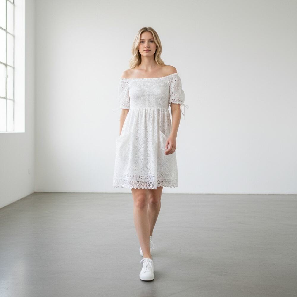 Revolve X Tularosa White Eyelet Off Shoulder Puff Sleeves Mini Dress Size S